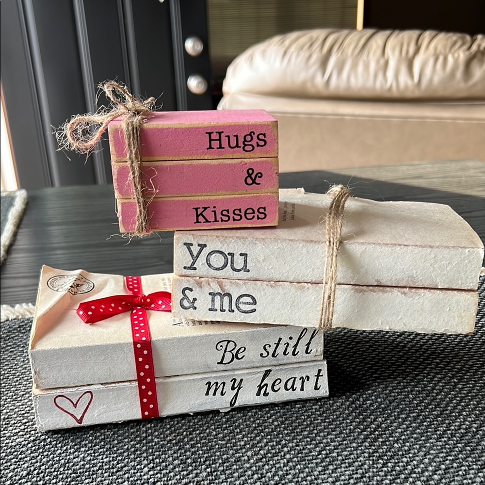 Rustic Pink and White Farmhouse Valentines Day Decorative Book Stack